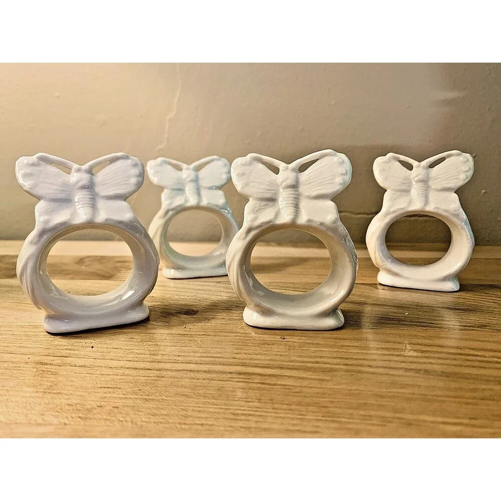 Vtg Ardalt Taiwan Bone China White Butterfly Napkin Rings Set Of 4 Spring Summer